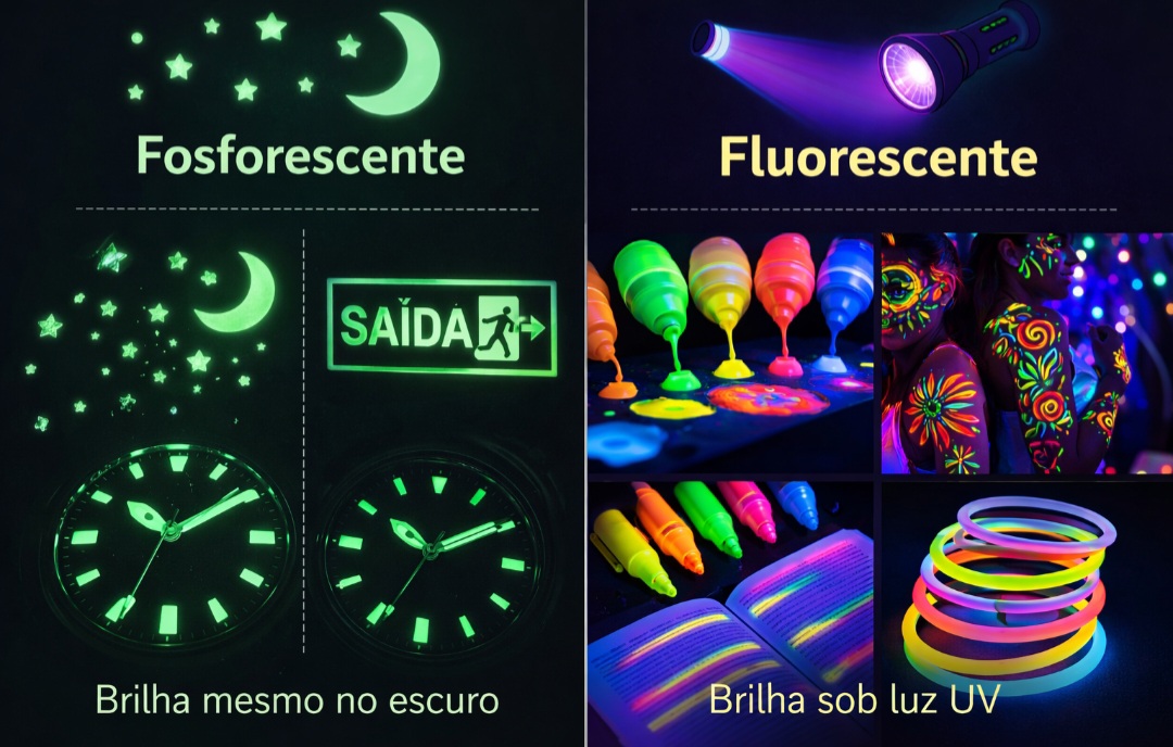 A diferença entre fluorescência e fosforescência costuma gerar dúvida, mas está presente em objetos do dia a dia. Ambos os fenômenos envolvem a emissão de luz por materiais que absorvem energia, geralmente luminosa. No entanto, o comportamento dessa luz ao longo do tempo é o que realmente distingue um do outro. Enquanto um depende da presença constante de iluminação, o outro consegue “guardar” energia por um período. Essa característica faz com que sejam usados em situações diferentes, desde dec -  (crédito: Imagem gerada por i.a )