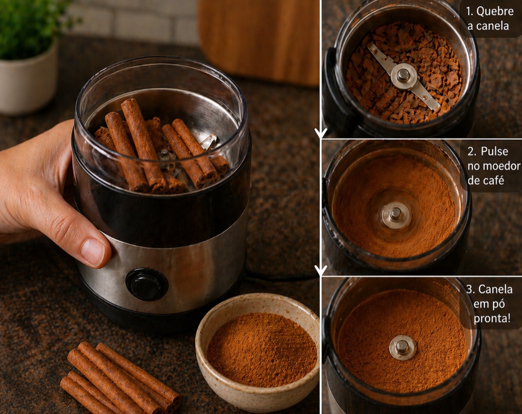 Entre as formas de preparo, o moedor de café é uma das mais práticas. Vale apenas tomar alguns cuidados. A canela em pau é bem dura, então é bom quebrar em pedaços menores antes de moer para não forçar o aparelho.
