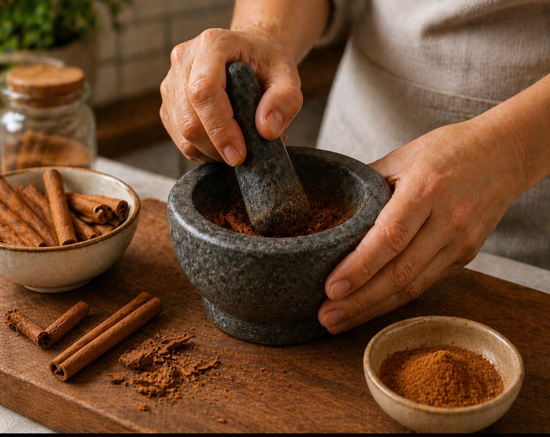 Outra opção é usar um ralador fino, especialmente se a canela estiver bem seca e em pedaços menores. O pilão também funciona bem, embora exija mais esforço. Também é possível triturar com faca, picando bem antes de levar ao moedor, ou até usar um processador pequeno, desde que em quantidades reduzidas.