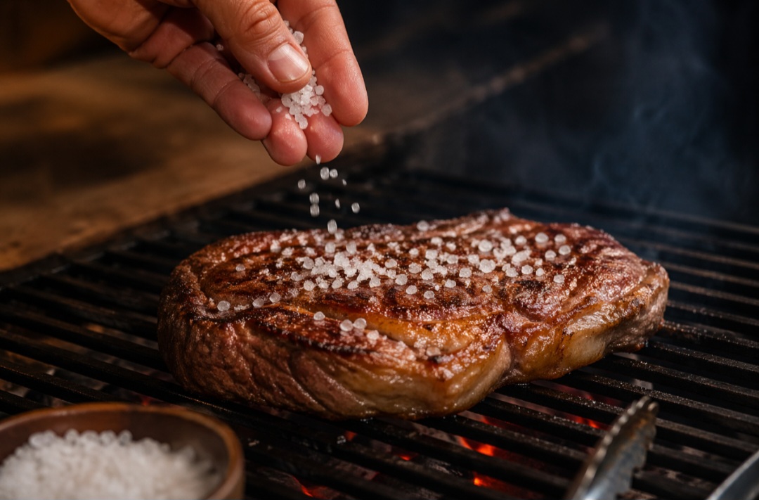 O sal grosso é muito usado para temperar carnes, especialmente em churrasco. Os cristais grandes formam uma camada externa que ajuda a selar a carne, mantendo a suculência por dentro. Depois do preparo, o excesso costuma ser retirado. Também pode ser usado em assados ou moído na hora para temperos mais controlados.
