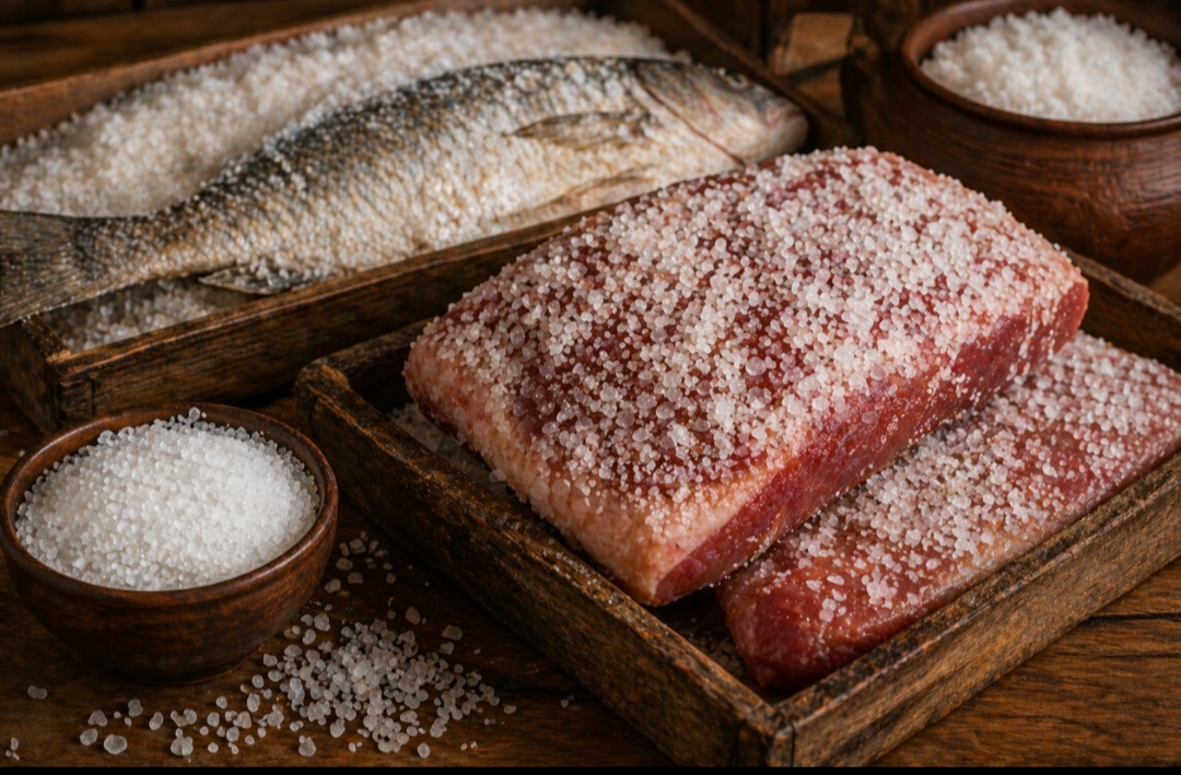 Historicamente, o sal grosso foi essencial para conservar alimentos antes da geladeira. Ele retira a umidade e dificulta a proliferação de bactérias. Técnicas como salga de carnes e peixes dependem justamente desse efeito.