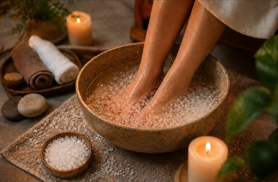 O sal grosso também aparece em práticas de relaxamento, como escalda-pés ou banhos. Aqui o efeito é físico: ajuda na sensação de descanso e pode aliviar o cansaço, não por “energia”, mas pelo contato com água morna e minerais.