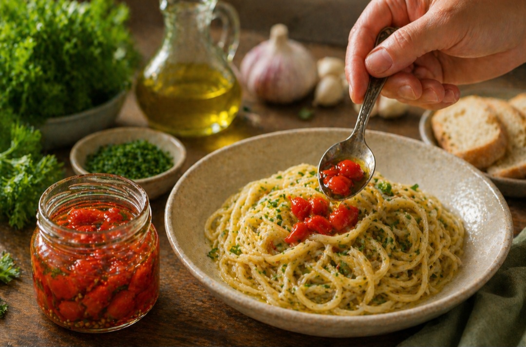Para molhos e finalizações, a dica é usar pimentas frescas ou em conserva suave. Elas oferecem frescor e leve aquecimento, sem choque na boca. As pessoas comem pimentas biquinho, por exemplo, inteiras sobre as refeições, como macarrão ou risotos. 