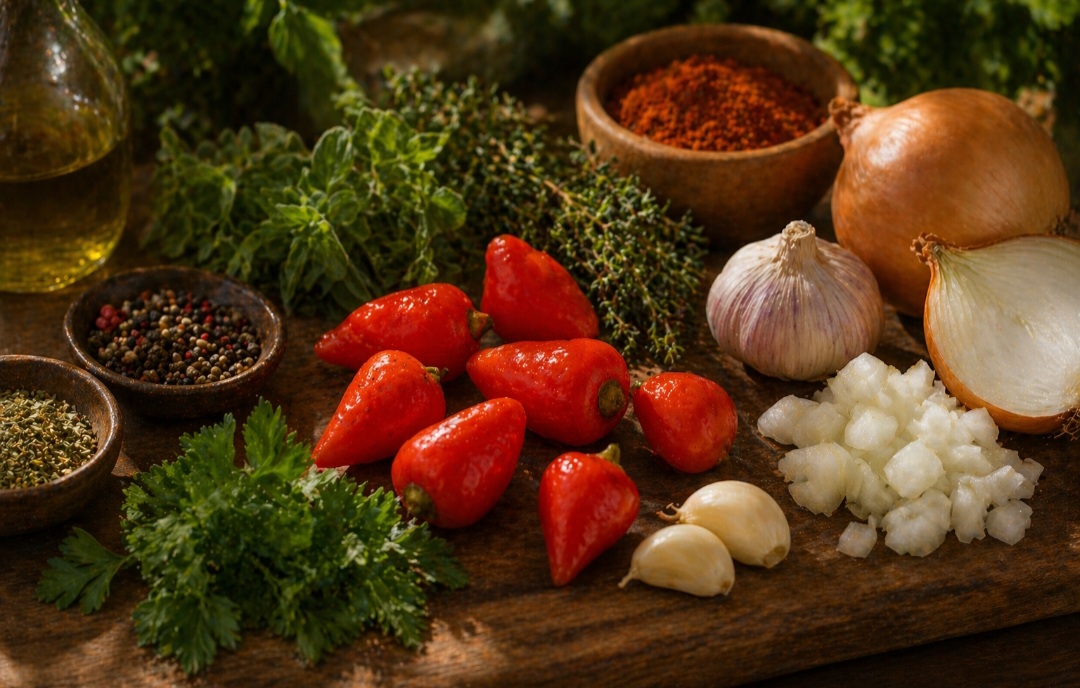 Ervas, alho, cebola e especiarias funcionam como aliados da picância leve. Juntos, constroem camadas de sabor sem depender do ardor intenso.