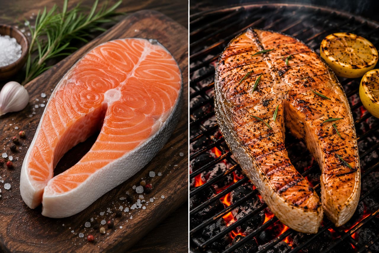 O salmão também aparece em churrasqueiras, principalmente em postas mais altas. A carne rosada costuma ficar suculenta quando preparada em fogo médio, especialmente acompanhada de ervas e molhos leves.