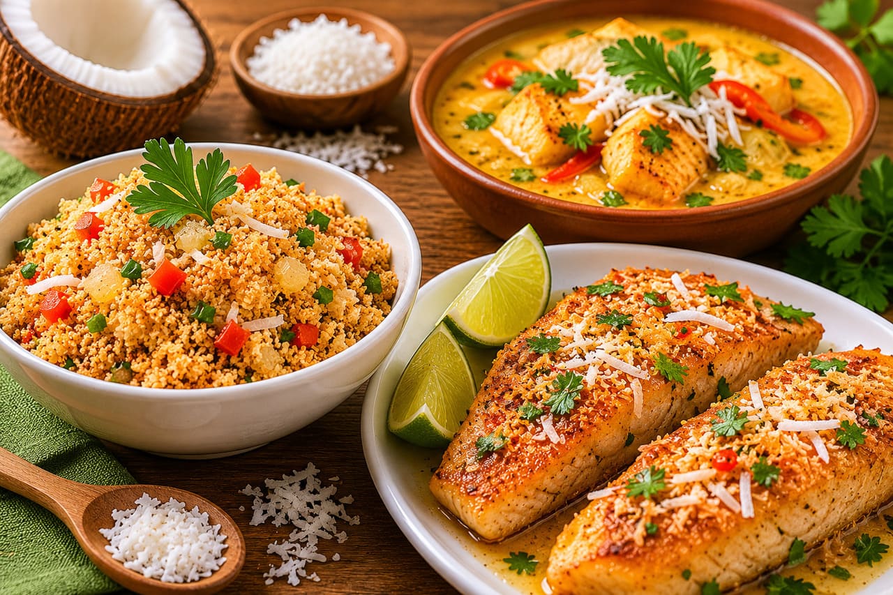 O ingrediente também pode aparecer em receitas salgadas. Em algumas regiões do Brasil, ele é utilizado em farofas, acompanhamentos e pratos à base de peixe, criando combinações que misturam sabores suaves e marcantes.