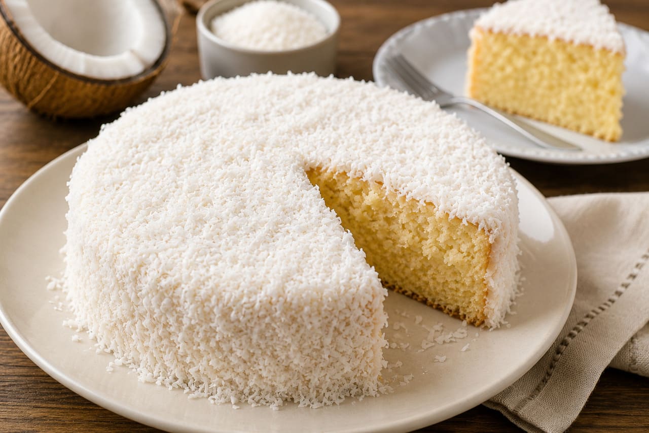 Uma das utilizações mais conhecidas do coco ralado está em bolos e tortas. O ingrediente costuma deixar a massa mais úmida e acrescenta um sabor marcante que combina com receitas simples ou mais elaboradas.