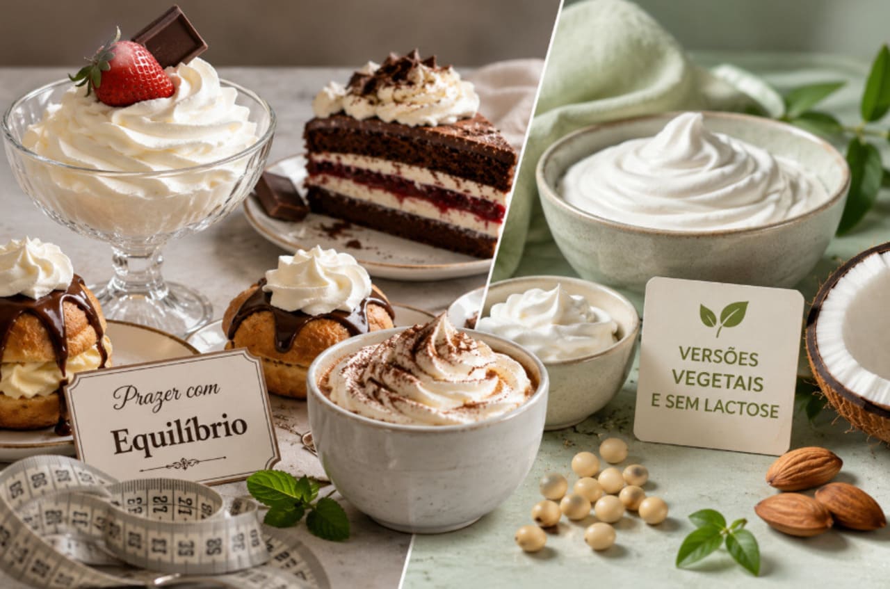 Apesar de leve e saboroso, o chantilly é rico em gordura e calorias, devendo ser consumido com moderação. É um creme que simboliza requinte e prazer, mas exige equilíbrio na dieta. Hoje, versões vegetais e sem lactose já existem, ampliando o acesso e reduzindo impactos nutricionais negativos. Essa evolução mostra como tradição e inovação se encontram na confeitaria.