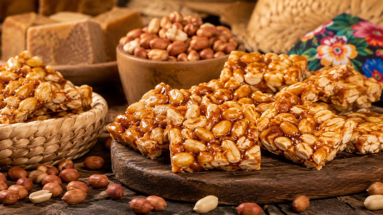O pé-de-moleque é um doce tradicional brasileiro que une simplicidade e sabor marcante. Feito de amendoim torrado e rapadura ou açúcar caramelizado, conquistou gerações com sua textura crocante e aroma pra lá de inconfundível. Sua origem remonta ao período colonial, quando ingredientes locais eram combinados em receitas populares. Ao longo do tempo, ganhou versões regionais e, assim, tornou-se símbolo da cultura gastronômica nacional. Hoje, é presença em festas juninas, mercados e confeitarias,  -  (crédito: imagem gerada por i.a )