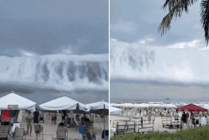Nuvem em forma de “tsunami” impressiona banhistas e viraliza no litoral de SP