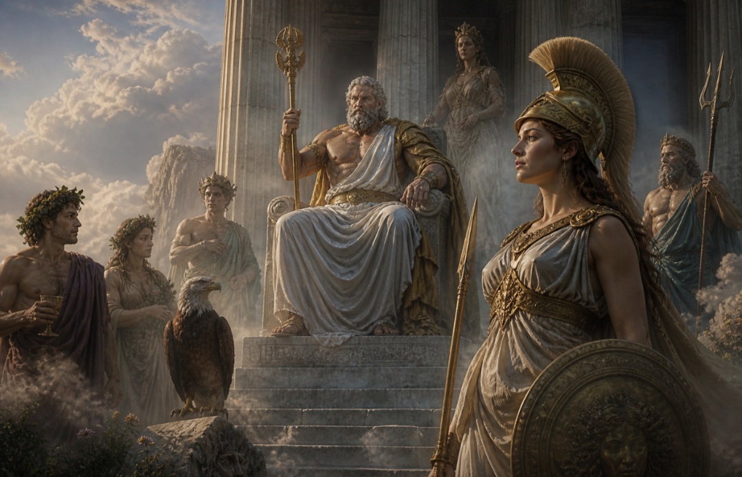 Segundo o mito, Atena nasceu da cabeça de Zeus, já adulta e armada, simbolizando sua ligação direta com a razão e o poder divino. Esse nascimento incomum reforça sua posição única entre os deuses do Olimpo.