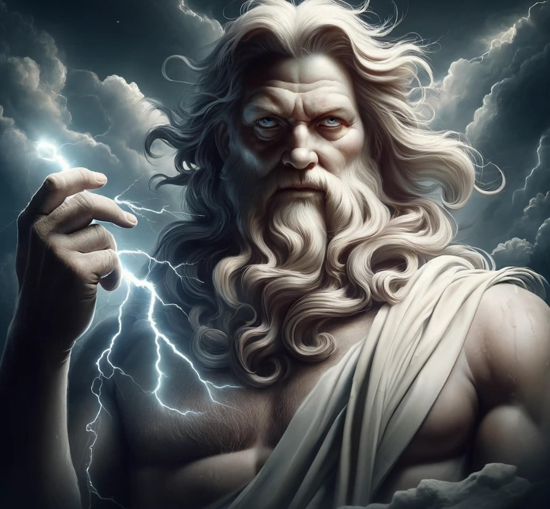 Zeus é associado ao céu e aos raios, sendo a autoridade máxima do Olimpo. Sua figura simboliza poder, justiça e controle sobre o destino dos mortais e dos próprios deuses.