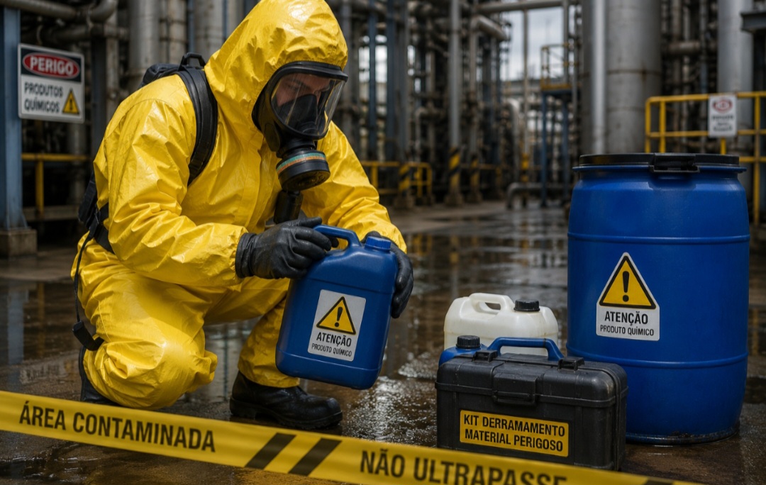O Traje hazmat é utilizado em acidentes químicos e áreas contaminadas. Ele impede o contato do corpo com substâncias tóxicas e agentes perigosos.