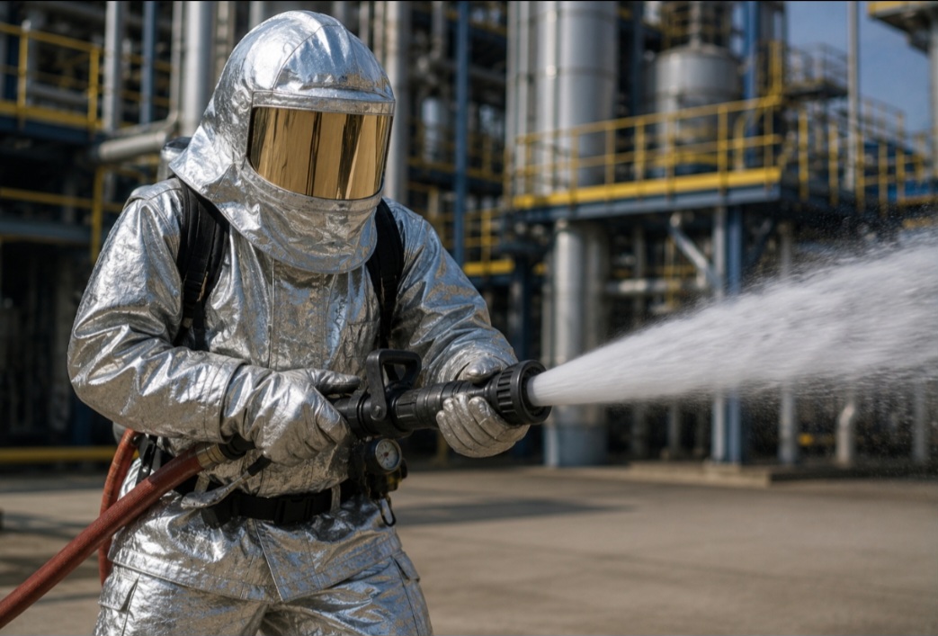 A roupa aluminizada usada por bombeiros industriais suporta temperaturas extremamente elevadas. Seu material metálico ajuda a refletir parte do calor intenso das chamas.