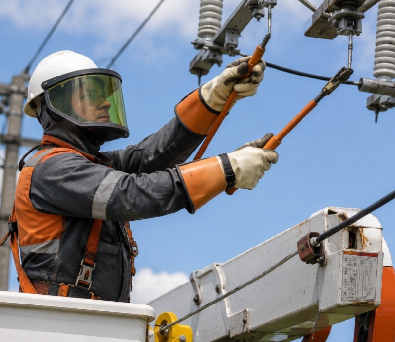 A roupa de eletricista de alta tensão possui materiais isolantes especiais contra choques. Esses equipamentos são fundamentais em serviços realizados perto de redes energizadas.