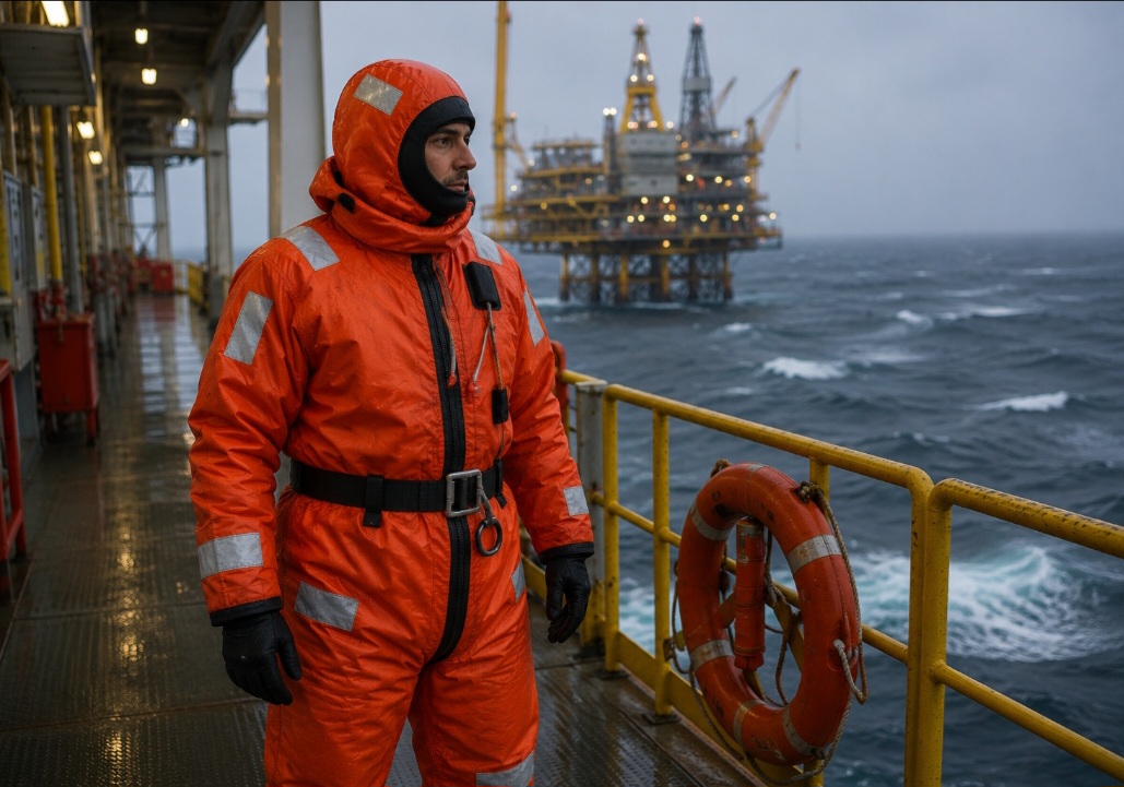 Os trajes de sobrevivência usados em plataformas de petróleo ajudam funcionários em emergências marítimas. Eles oferecem proteção térmica em casos de queda no mar gelado.