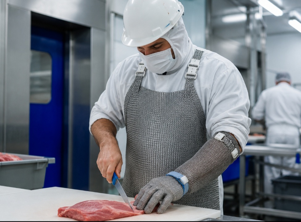 A roupa de cota de malha usada em frigoríficos protege trabalhadores contra cortes. O material metálico ajuda a evitar acidentes com facas extremamente afiadas.