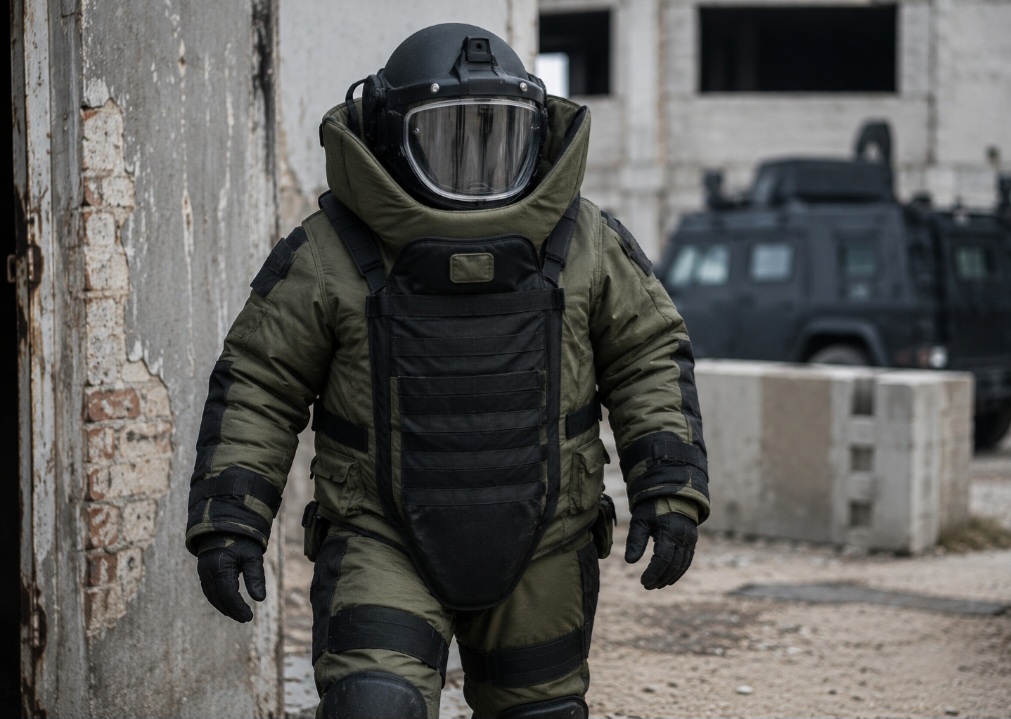 A roupa antibomba usada por esquadrões especiais possui camadas pesadas de proteção. O traje reduz danos causados por explosões e estilhaços durante operações de risco.