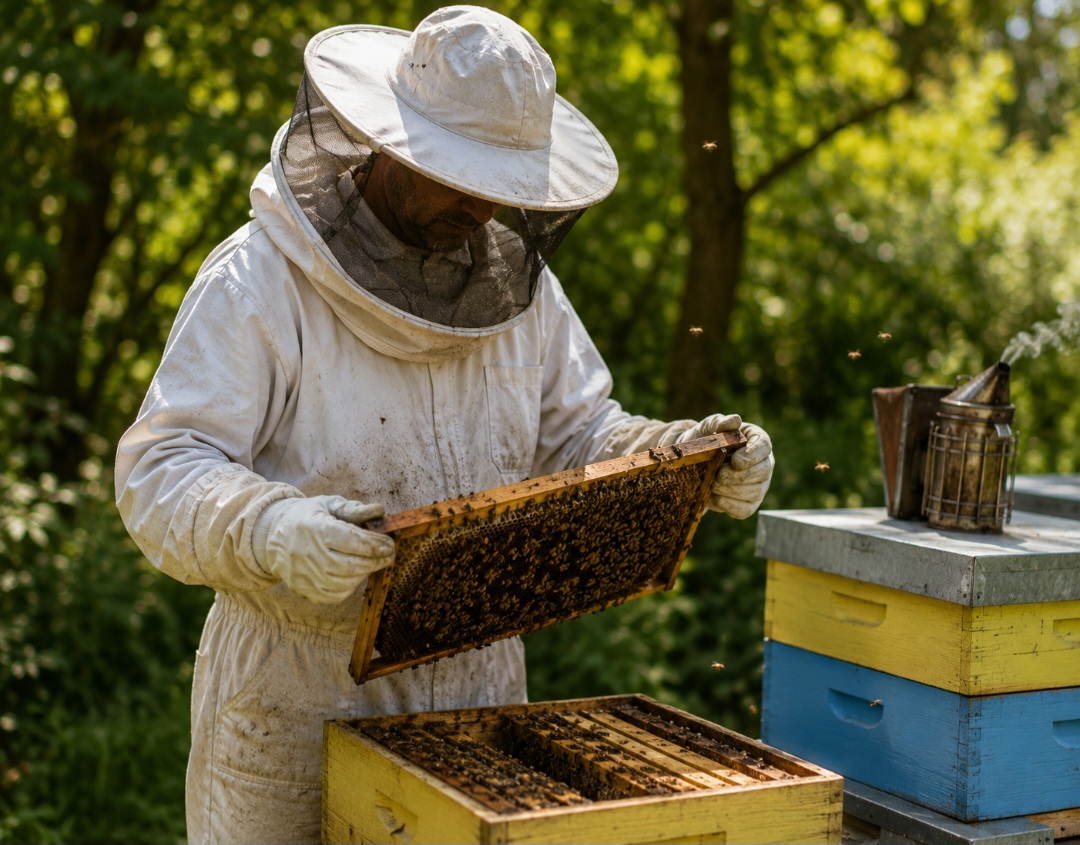 O traje de apicultor protege contra picadas durante o manejo de colmeias. A roupa inclui máscara com tela e tecidos reforçados para aumentar a segurança.