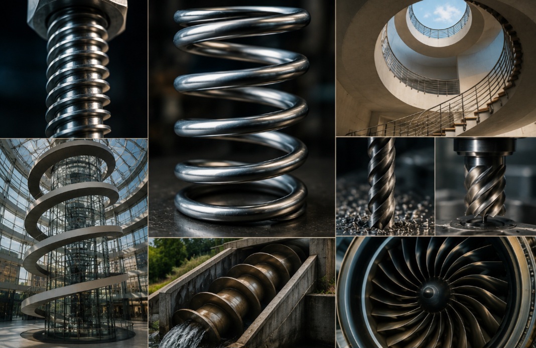 Espiral helicoidal
Se desenvolve em três dimensões, como uma mola ou parafuso. É muito comum em engenharia mecânica e arquitetura.