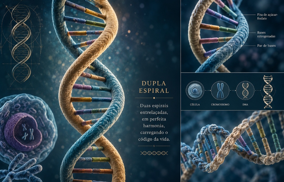 Dupla espiral
Formada por duas espirais entrelaçadas em torno de um eixo central. O exemplo mais famoso é a estrutura do DNA humano.