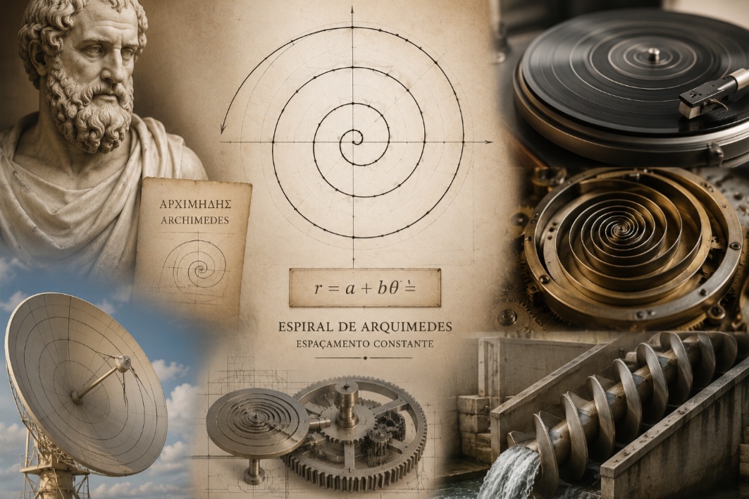 Espiral de Arquimedes
Possui voltas com espaçamento constante e foi estudada na Grécia Antiga. É usada em mecanismos, discos antigos, antenas e equipamentos de engenharia.