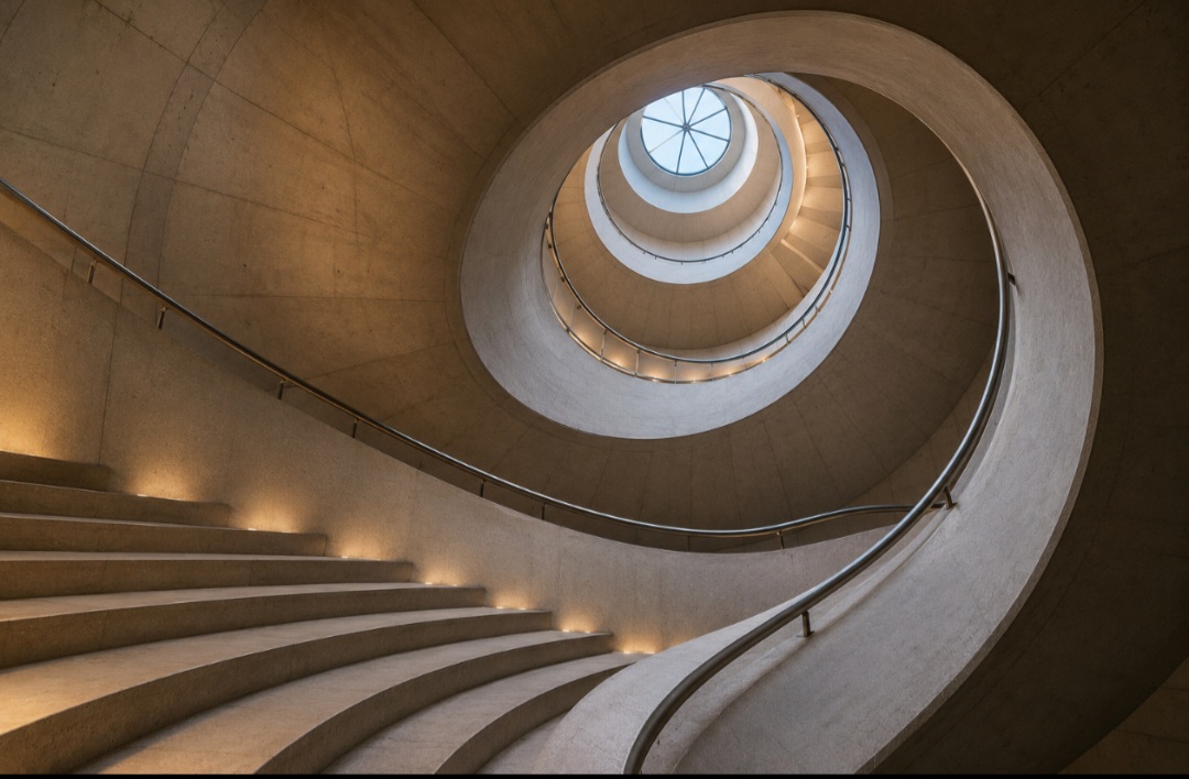 Espiral arquitetônica
Muito usada em escadas, rampas e monumentos modernos. Além do visual marcante, ajuda a economizar espaço em construções.