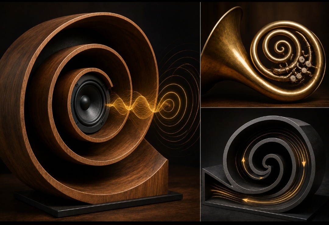 Espiral sonora
Alguns equipamentos acústicos usam formas espirais para ampliar ou direcionar som. Isso aparece em caixas acústicas e instrumentos musicais.