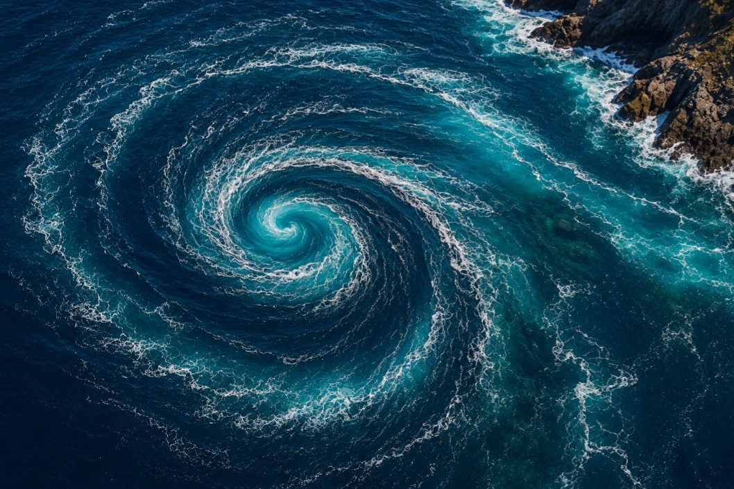 Espiral marítima
Aparece em correntes oceânicas e redemoinhos no mar. Esses movimentos influenciam clima, navegação e vida marinha.