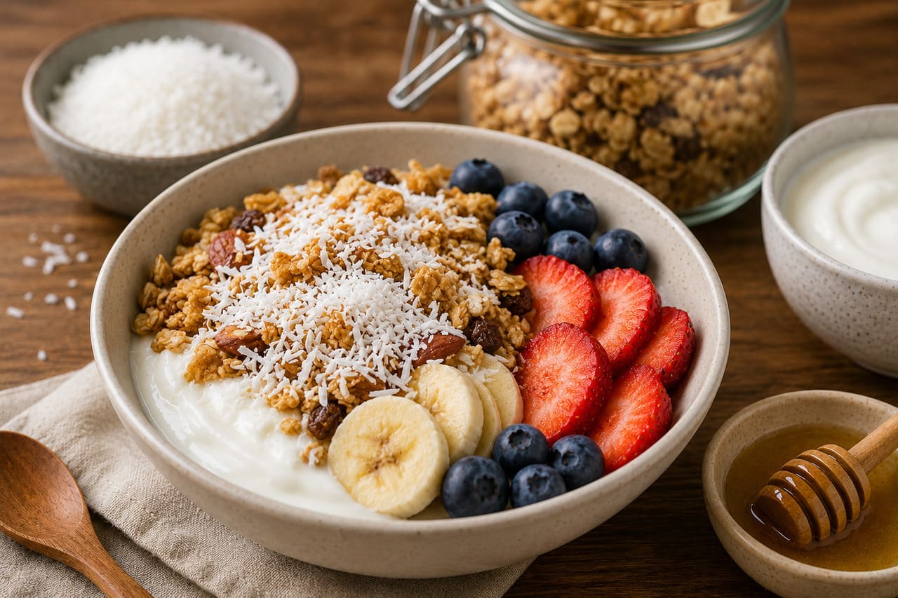 Muitas pessoas adicionam coco ralado a granolas, iogurtes e frutas no café da manhã. A prática ajuda a variar a alimentação e acrescenta textura às refeições do início do dia.