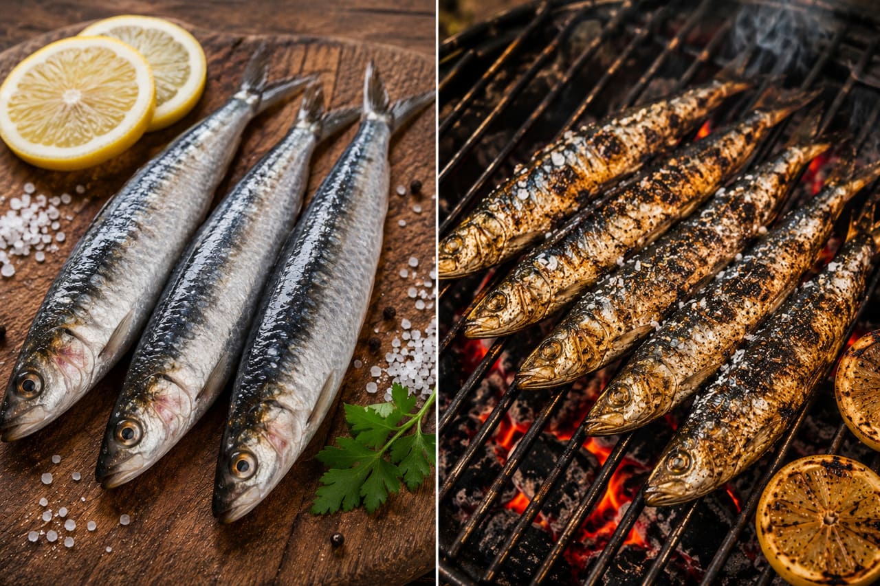 A sardinha chama atenção pelo sabor marcante e pela rapidez no preparo. Em muitos lugares, ela é assada inteira sobre a grelha apenas com sal grosso, ficando crocante por fora e macia por dentro.