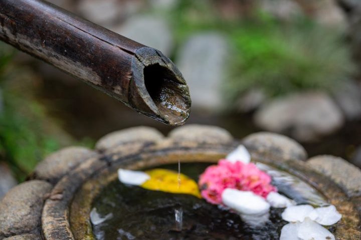 O som suave da água corrente cria contraste com a imobilidade das pedras e reforça o clima de tranquilidade do ambiente. Em algumas tradições japonesas, acredita-se que esse tipo de espaço favorece concentração, paz interior e redução do estresse cotidiano.