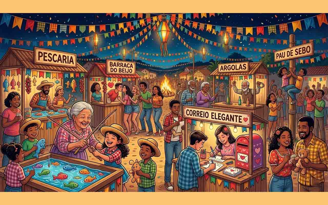 As brincadeiras juninas são parte essencial das festas, trazendo diversão, interação e memória afetiva para todas as gerações. Surgem como expressão da cultura popular numa mistura de elementos lúdicos com tradições rurais e religiosas, sendo que cada atividade traz consigo simbolismo além do entretenimento. Pescaria, correio elegante e corrida do saco são exemplos que atravessaram décadas e ainda encantam crianças e adultos. Essas brincadeiras também revelam criatividade popular, que transforma -  (crédito: Imagem Gerada através de aplicativo de Inteligência Artificial)
