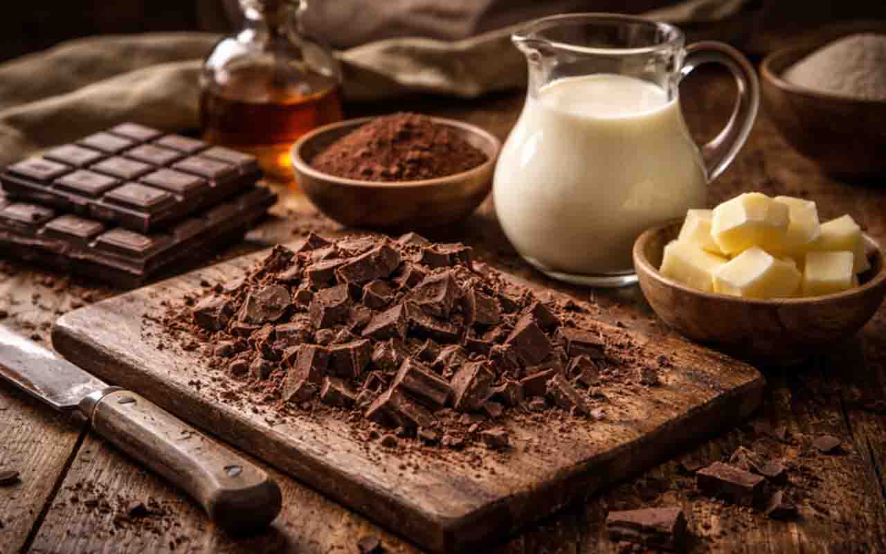 Ganache é uma preparação da confeitaria feita com chocolate e creme de leite. A mistura simples resulta em uma textura cremosa e sabor intenso, sendo utilizada em recheios, coberturas e diversas receitas de doces. -  (crédito:  imagem gerada por i.a)