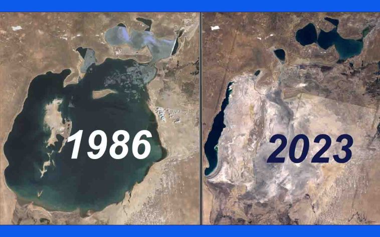 Durante grande parte do século 20, o Mar de Aral figurou entre os maiores lagos de água salgada do planeta - Mar de Aral, entre o Uzbequistão e o Cazaquistão, Ásia Central - Reprodução do Youtube Canal Great Timelapser