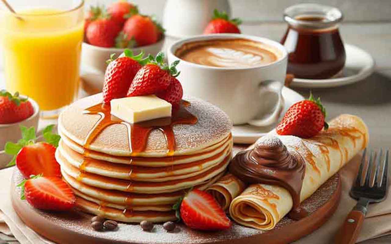 Panquecas e crepes são opções versáteis para café da manhã, almoço ou jantar, dependendo do recheio e acompanhamento. Tanto doces quanto salgados, se adaptam a diferentes momentos do dia. -  (crédito:  Imagem gerada por Inteligência artificial através do aplicativo Microsoft Designer)