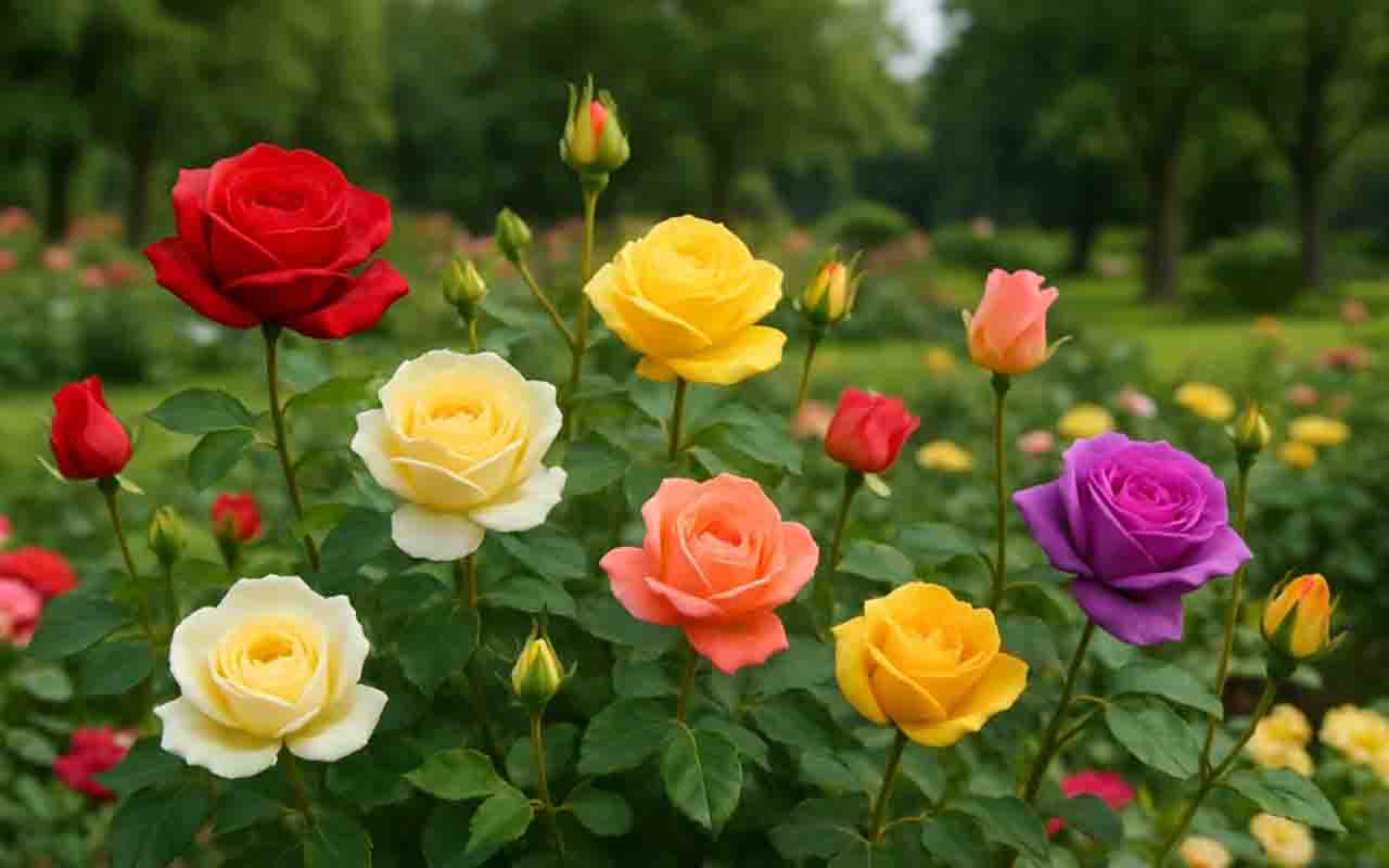 As cores da rosa também são um espetáculo à parte. Vermelhas, amarelas, brancas, cor-de-rosa, alaranjadas, roxas e até azuis, criadas por manipulação genética, encantam jardins e buquês.