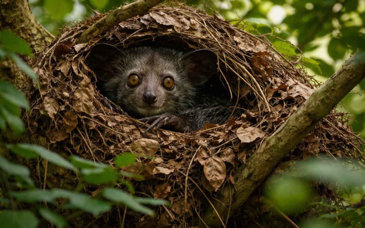 Além de larvas, esse animal raro consome frutas, ovos e até cana-de-açúcar.  Durante o dia, ele se esconde em ninhos de folhas e galhos. Assim, evita predadores e reserva energia para explorar a floresta sob a proteção da escuridão.
