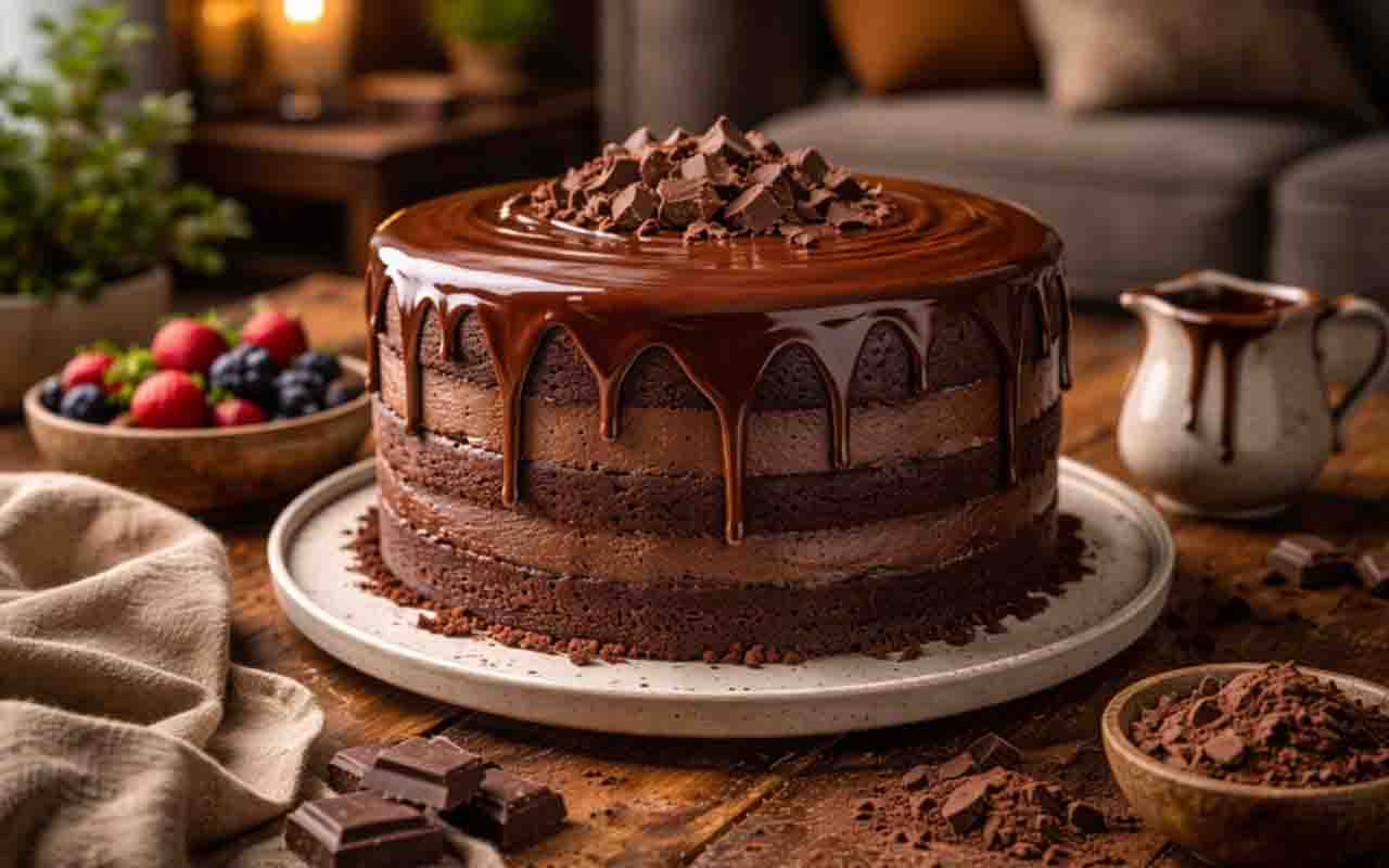 Na cobertura, a ganache garante acabamento elegante e proteção ao bolo. Quando aplicada morna, escorre de forma uniforme e visualmente atraente.