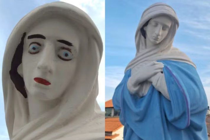 Antes e depois da remoção da restauração de escultura religiosa em Carmo do Cajuru – Reprodução/Redes Sociais