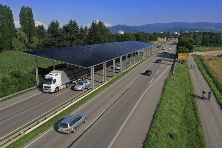 Na Alemanha, projeto aproveita espaço acima das estradas para gerar energia com painéis solares suspensos – Divulgação/Fraunhofer ISE