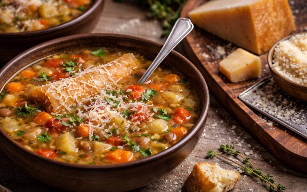 Em sopas, o parmesão pode ser usado tanto ralado quanto em pedaços. Além de enriquecer o sabor, sua casca pode ser adicionada ao caldo durante o cozimento, liberando aromas e notas marcantes.