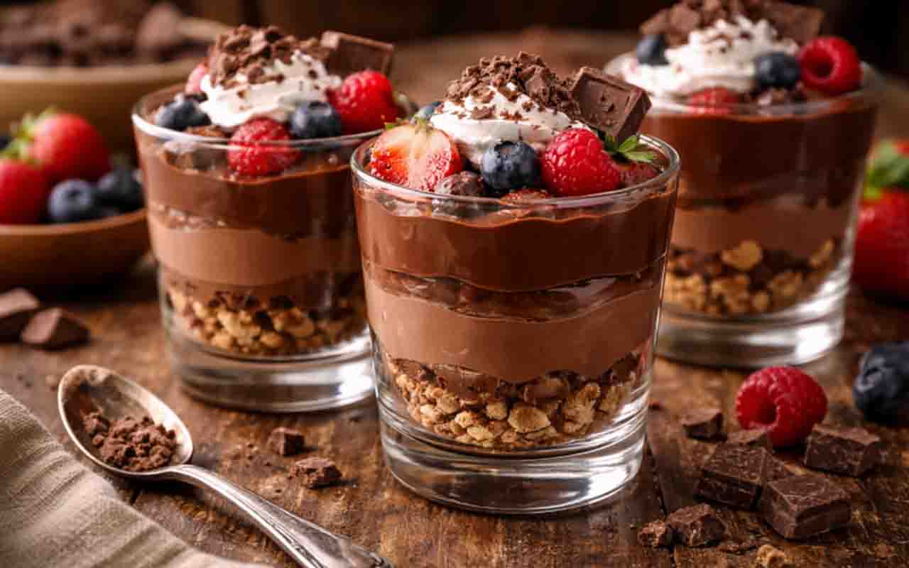 Em sobremesas no copo, a ganache aparece como creme principal ou complemento. Combina bem com frutas, biscoitos e camadas crocantes.