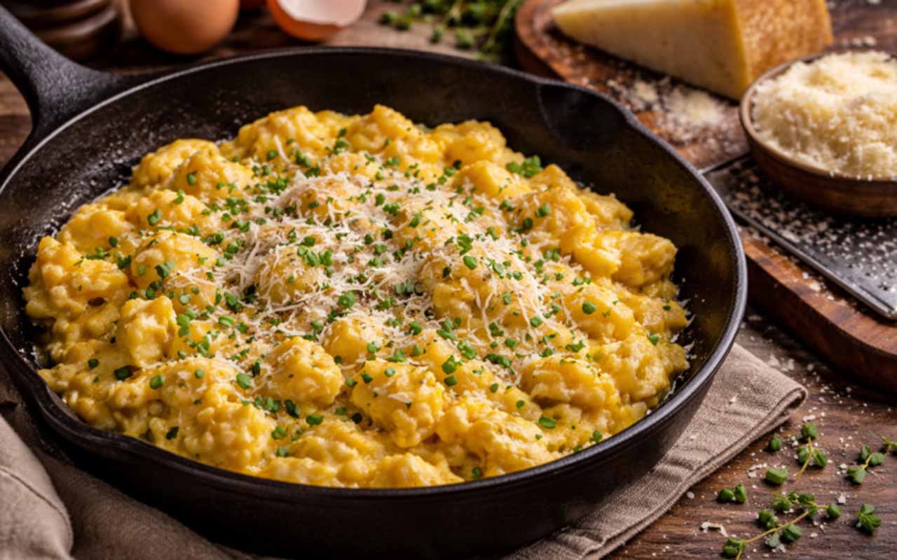 Mesmo em preparações simples, como ovos mexidos, o parmesão faz diferença. Seu sabor marcante eleva o prato, transformando uma refeição cotidiana em algo sofisticado.