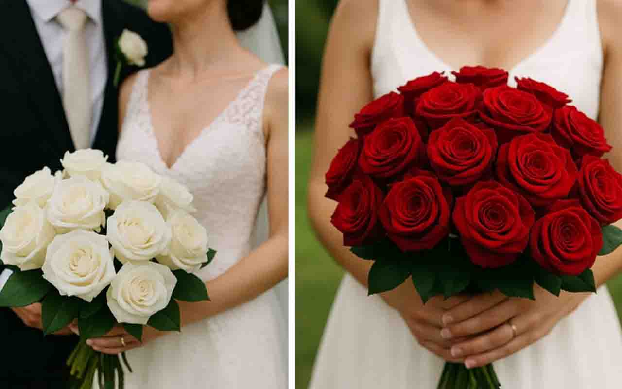 No casamento, as rosas brancas são presença constante, simbolizando a união pura e sincera. Já as vermelhas dominam os buquês de apaixonados.