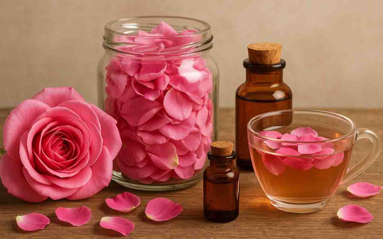 Além do uso ornamental, as pétalas de rosa são usadas na fabricação de perfumes, óleos essenciais e até chás, conhecidos por suas propriedades calmantes.
