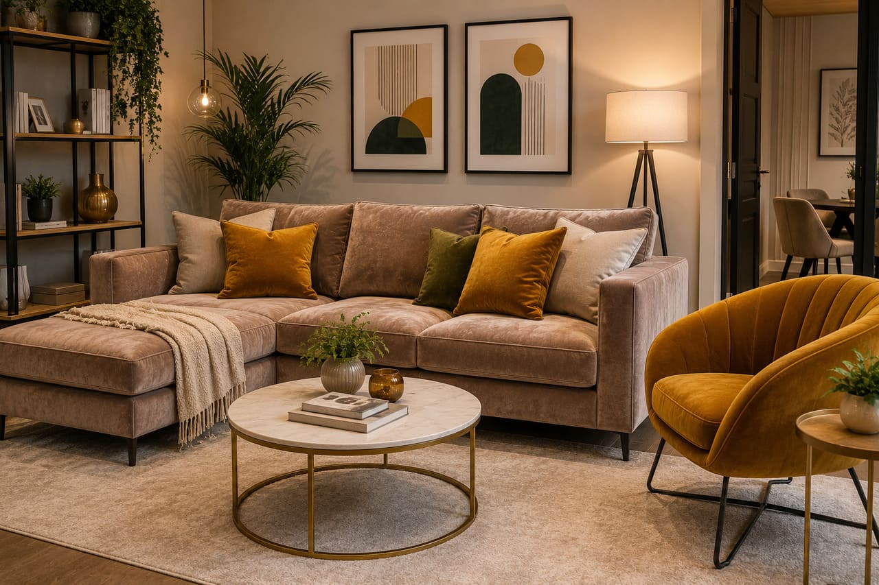 Almofadas, mantas e outros itens decorativos frequentemente utilizam veludo para adicionar textura e contraste à decoração. Mesmo em pequenas quantidades, o material consegue chamar atenção e criar pontos de destaque em salas, quartos e áreas de convivência.