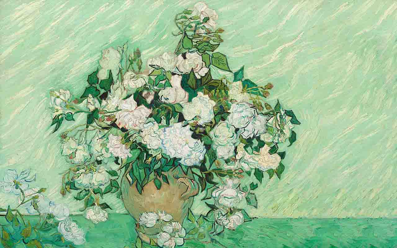 Várias obras de arte retratam rosas. Um exemplo famoso é “Roses”. Feita por Vincent van Gogh em 1890, é uma tela a óleo que mostra um ramo de rosas brancas em um vaso.