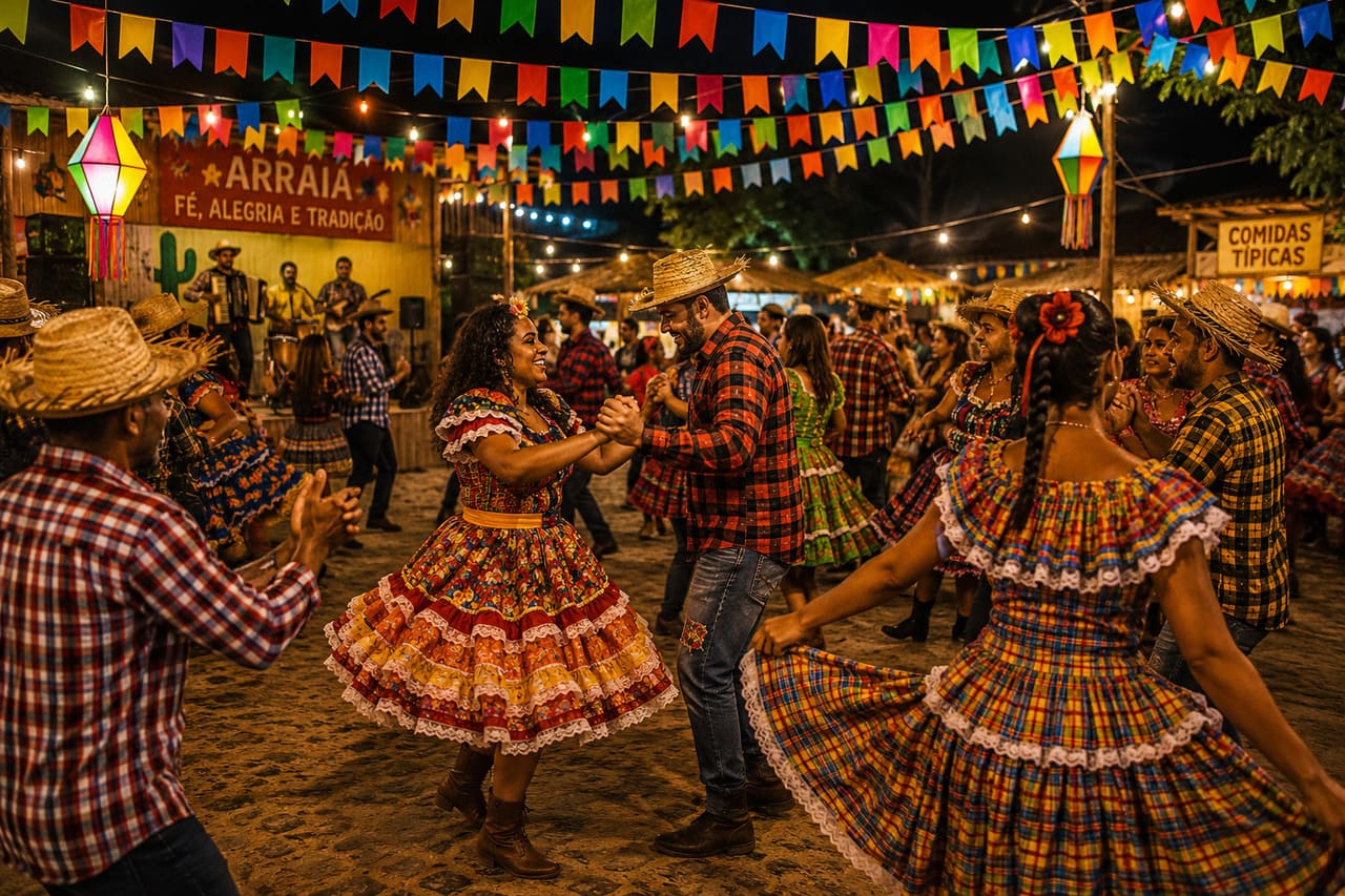 As músicas juninas são parte essencial das festas de junho, embalando quadrilhas, quermesses e celebrações comunitárias. Elas atravessaram décadas, mantendo viva a tradição e conquistando novas gerações com letras simples e ritmos contagiantes. Muitas dessas canções se tornaram hinos das festas, repetidas ano após ano sem perder força. Elas representam o elo entre passado e presente, reforçando a importância da música na preservação da cultura popular. Cada acorde e cada verso carregam histórias -  (crédito: imagem gerada por i.a )