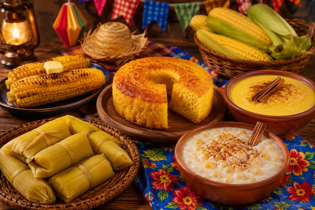 O milho é o grande protagonista das festas juninas, dominando receitas que atravessam gerações e reforçam a identidade cultural do Brasil. Em junho, ele aparece em pratos doces e salgados, sempre associado à fartura e ao aconchego das celebrações. Das quermesses às grandes festas regionais, o milho se transforma em bolo, curau, pamonha e canjica, conquistando paladares diversos. Sua versatilidade permite que seja preparado de inúmeras formas. Além de sabor, o milho traz simbolismo e cada prato f -  (crédito: imagem gerada por i.a )